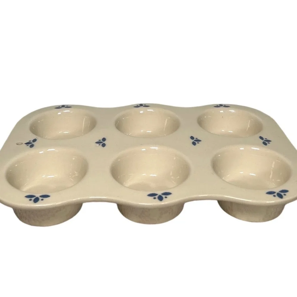 Friendship Pottery Blue Flower Cream Stoneware 6 Cup Muffin Pan Heart Wall Decor - Picture 3 of 5